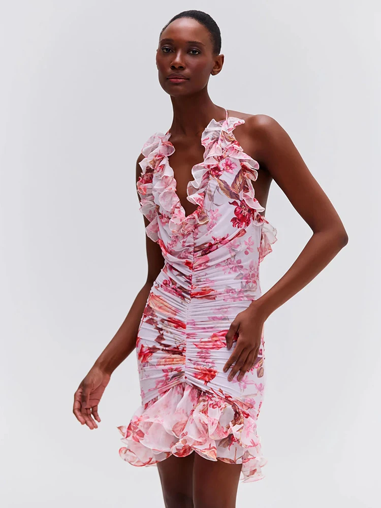 VC 로맨틱 새틴 민소매 선드레스 미니 드레스, 로즈 숄더 장식, 섹시한 오픈 백 디자인, 홀터넥 숏 드레스