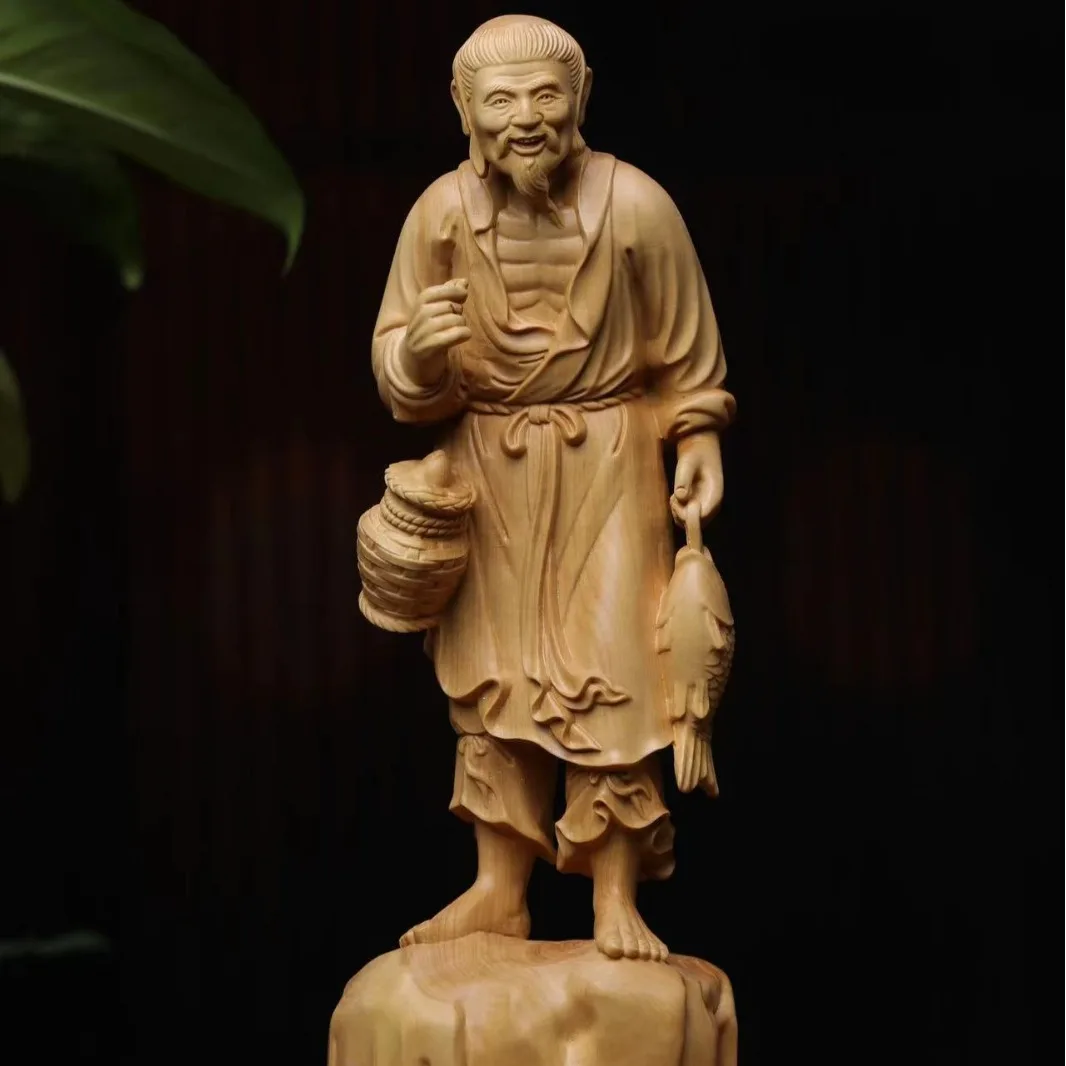 Small leaf boxwood carving Jiang Taigong fishing wish hook home ornament