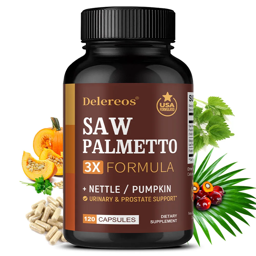 Saw Palmetto Supplement | Nettle & Pumpkin Seed Oil Capsules for Potent 3X Formula, Prostate & Bladder Support for Men