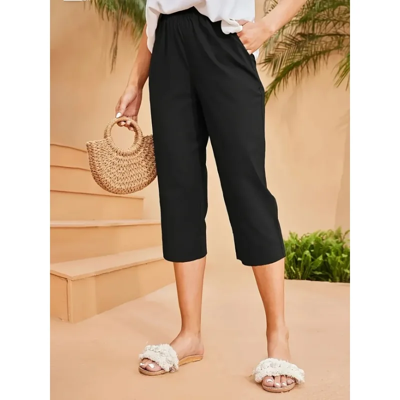 حجم كبير 1XL-5XL جديد إمرأة موضة المنسوجة النسيج مع جيوب عادية مستقيم الساق السراويل للنساء عادية بلون السراويل