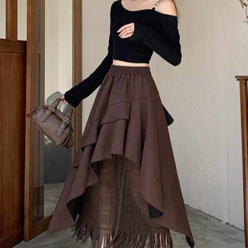 レトロスエードイレギュラー2025秋フリル付きハイウエストレーススプライシングスカート