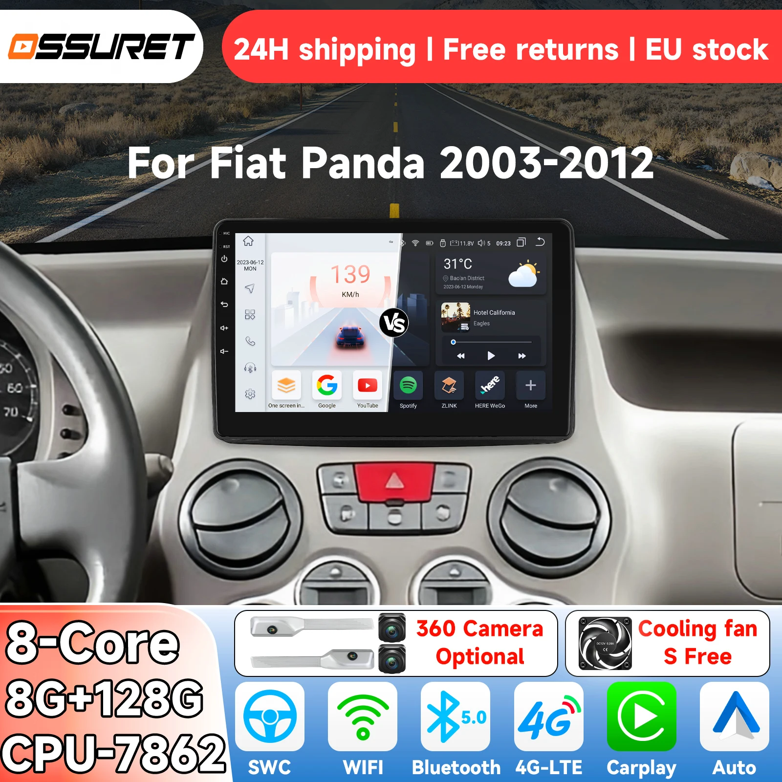 Autoradio Android 14 8G 128G per Fiat Panda 169 2003-2012, Sistema Intelligente con Carplay, Lettore Multimediale Video, GPS 4G 7862