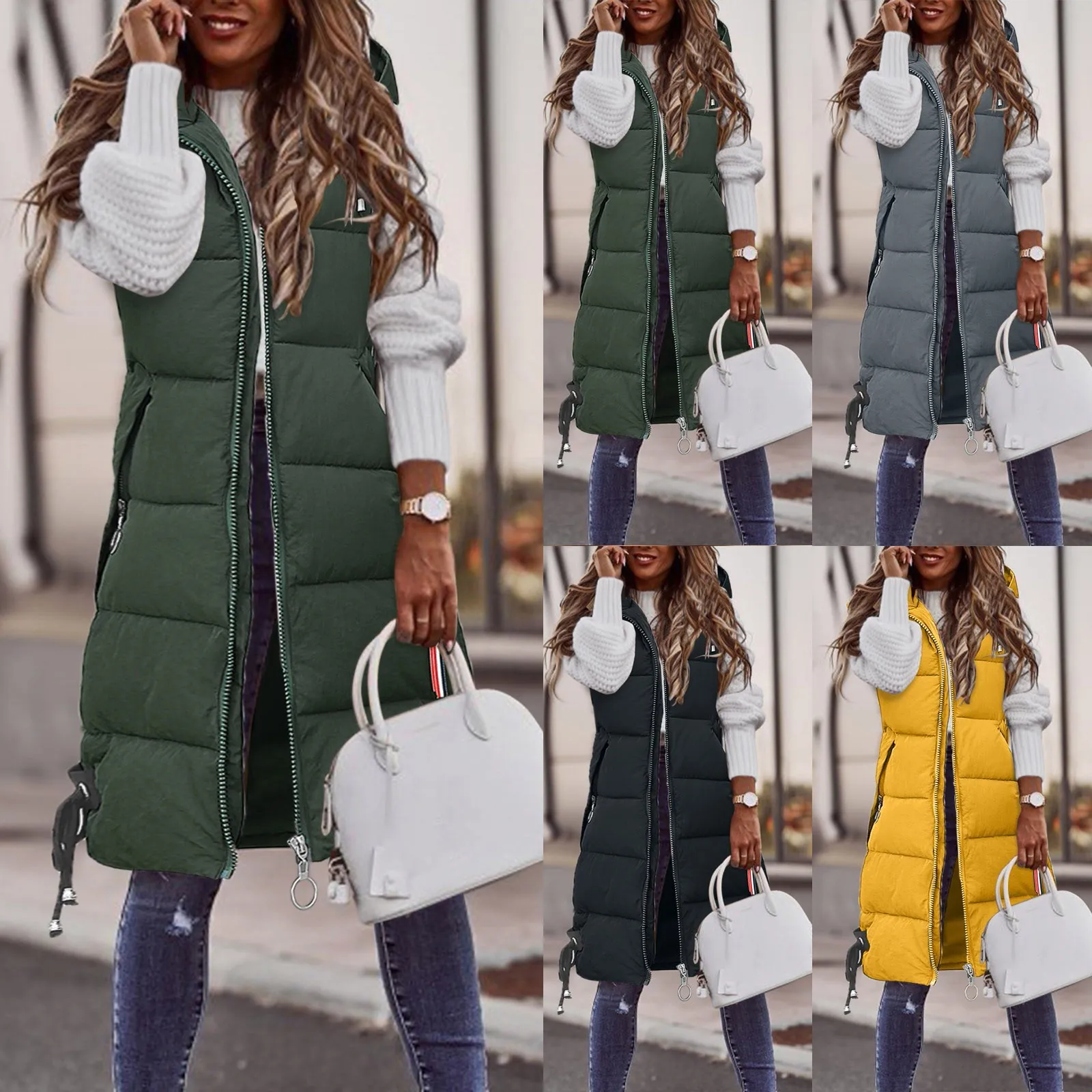 Women Casual Solid Coat Hooded Vest Zipper Pocket Loose Sleeveless Knee-Length Long Coat Winter Plain Keep Warm Down Jacket