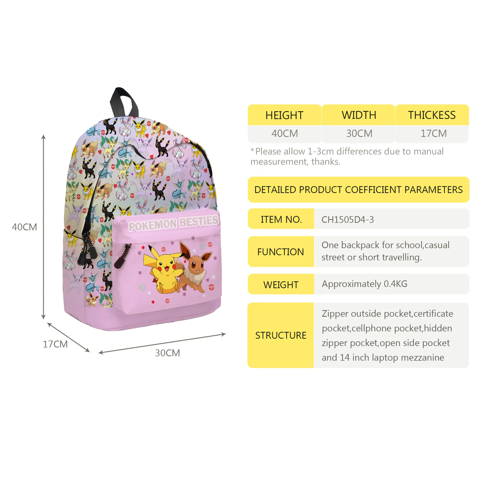 Upgrade Pikachu School Bag Three-piece Pokemon Cartoon Anime Student Pencil Bag Lunch Bag Birthday Gift for Girls Kids Boys