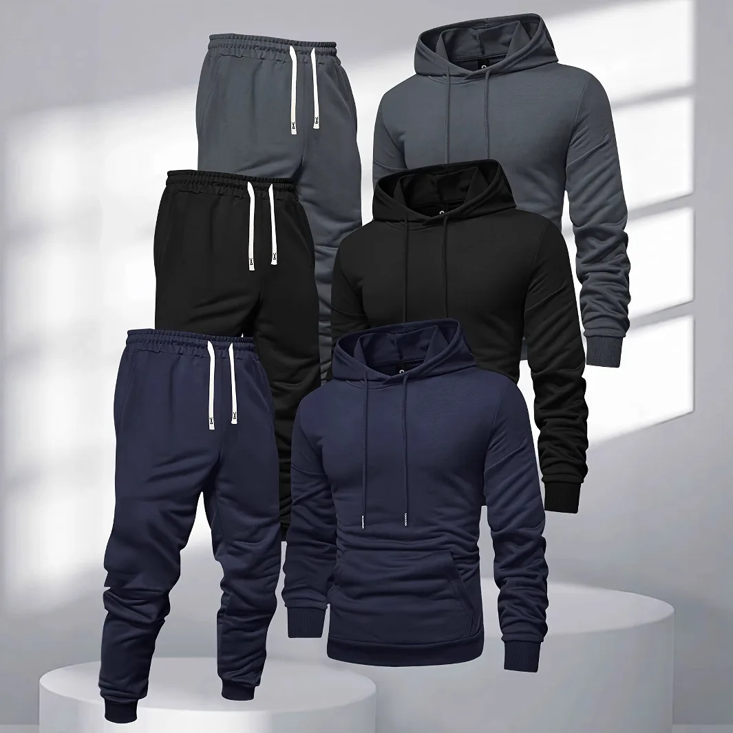 Herren 3-Teiliges Trainingsanzug-Set Einfarbiger Pullover-Hoodie Sweatshirt Jogginghose Frühling Herbst Lässige Sportbekleidung Locker Sitzendes Alltags-Outfit für Männer – Detail 7