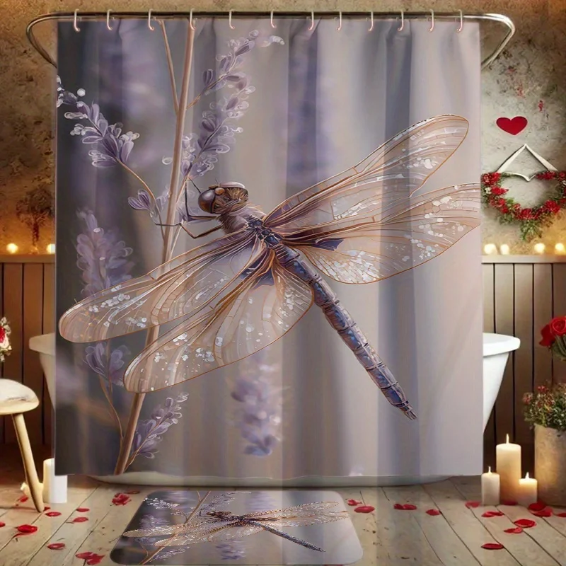4pcs Dragonfly Flying Among Flowers Print Shower Curtain Set, Decorative Bathroom Set Includes Shower Curtain, Non-Slip Floor