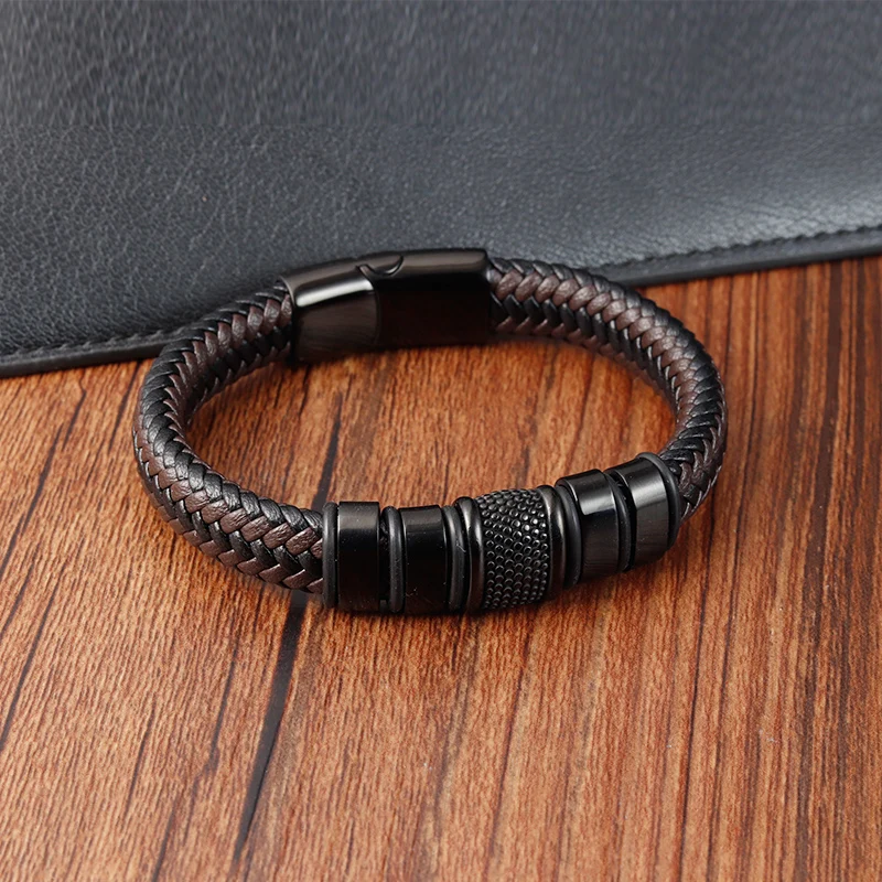 Brand Fashion Handmade Men\'s Leather Bracelet Trendy Classic Charm Braided Wrap Stainless Steel Bracelets Punk Bangles