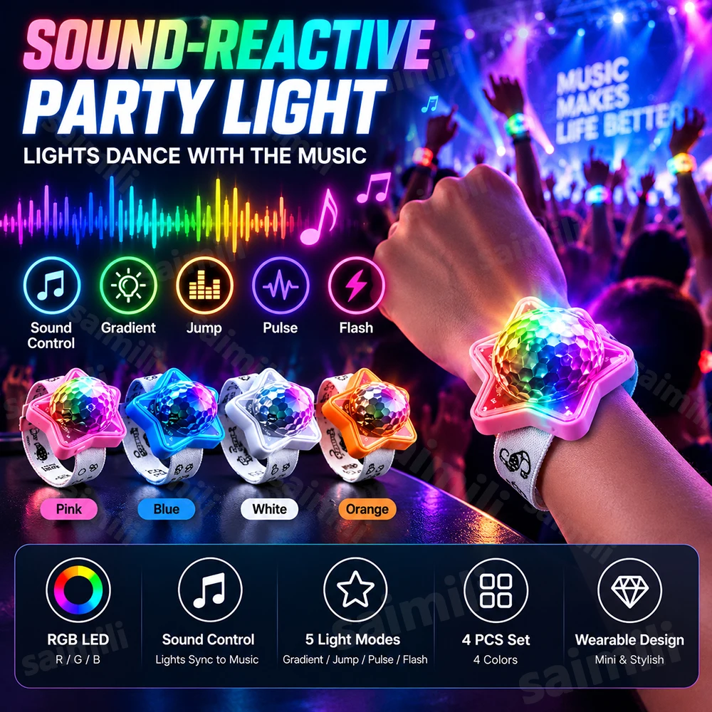 4Pcs Music Sync Wrist‑Worn Star Projector Light RGB Sound Activated Lamp 360° Rotatable For Carnival Party Live Show Atmosphere