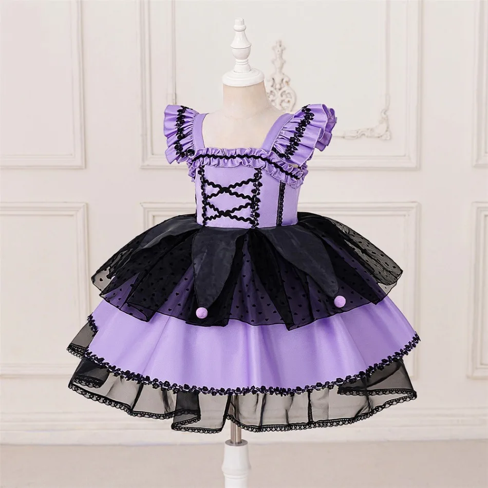 Purple Ruffle Strap Pom Pom Layered Tulle Princess Dress Cute Kids Girls Birthday Halloween Holiday Party Cosplay Costume ASQ03