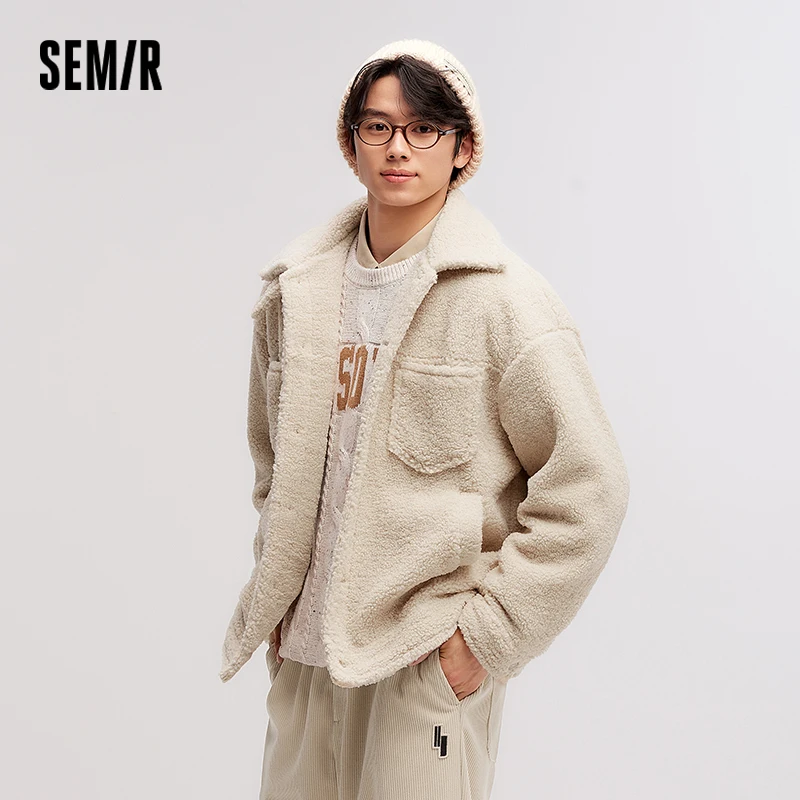 Semir Jacket Men Plush Outerwear 2024 New Couple Solid Color Versatile Loose Imitation Lamb Wool Winter Outfit Neutral Style