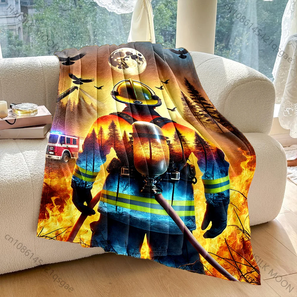 Firefighter forest wildfire flames night moon Print Blanket Warm Soft Fluffy Kids Adult Sofa Bed Throw Outdoor Travel Camping