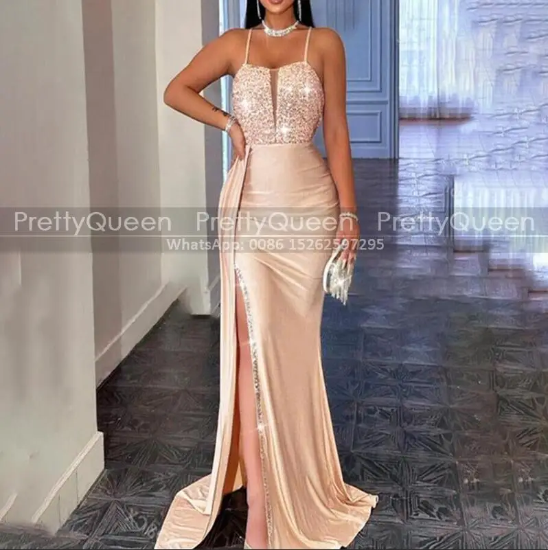 Sequins Mermaid Bridesmaid Dresses Side Split Waistline Cap Long Spaghetti Straps Customized Sheath Wedding Party Dress
