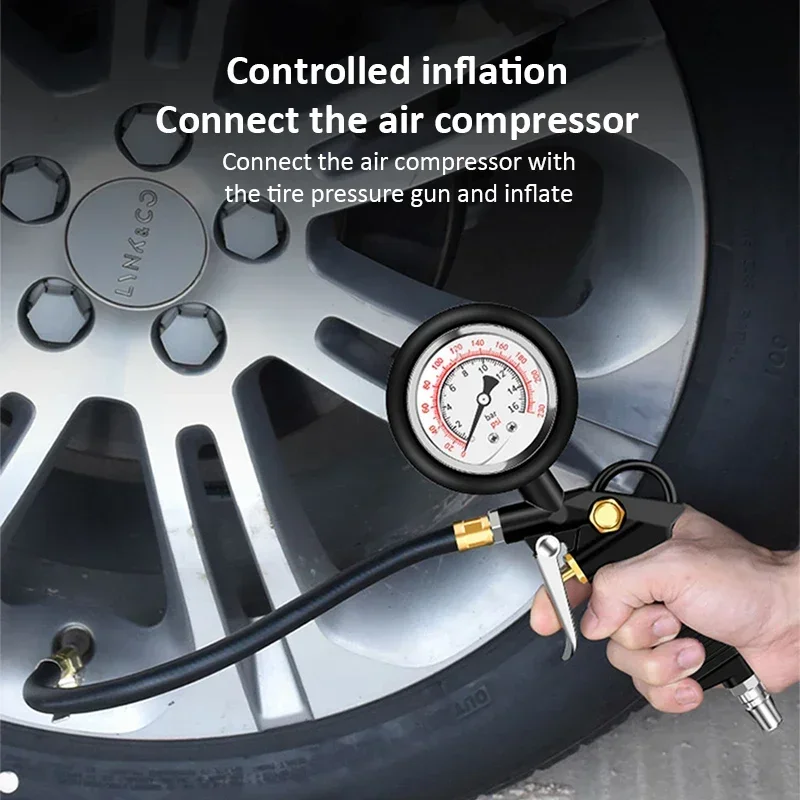 مقياس ضغط الإطارات 220psi مقياس ضغط الهواء سيارة مراقبة ضغط الإطارات منفاخ الإطارات مع خرطوم مرن لسيارة شاحنة دراجة نارية