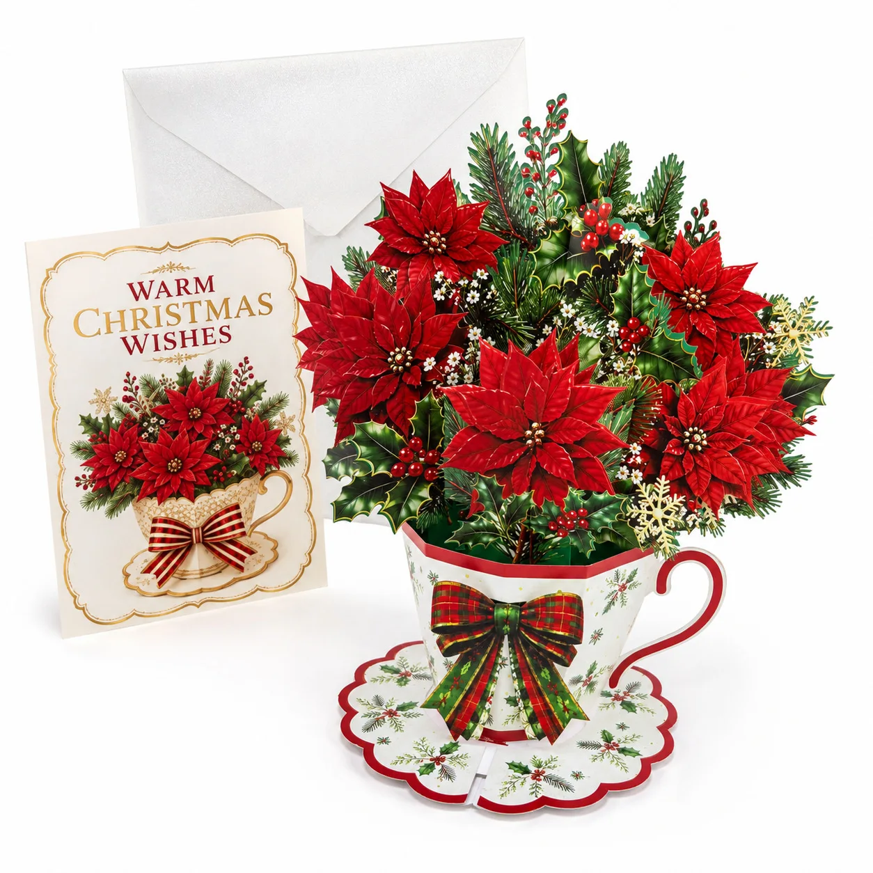 3D Pop Up Teacup Bouquet Greeting Card, Christmas/Halloween/General Holiday Paper Cut Oranment with Blank Note Card Envelope