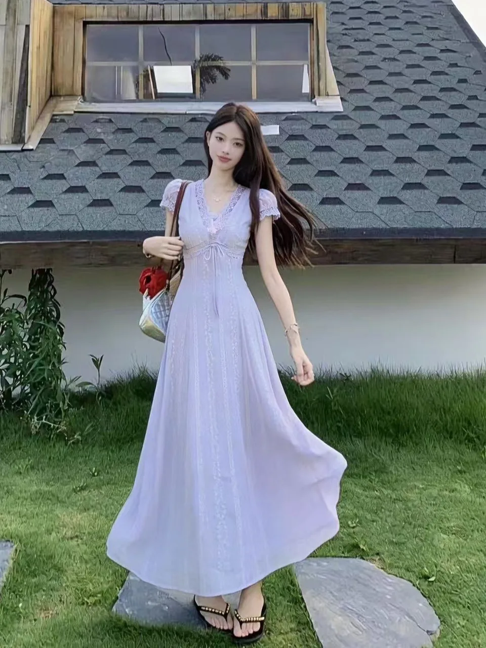 

plus Size Women's Lace Trim V-Neck Short Sleeve Dress Summer New Style A-Line Skirt High Waist Slim Fit Korean Style Commute