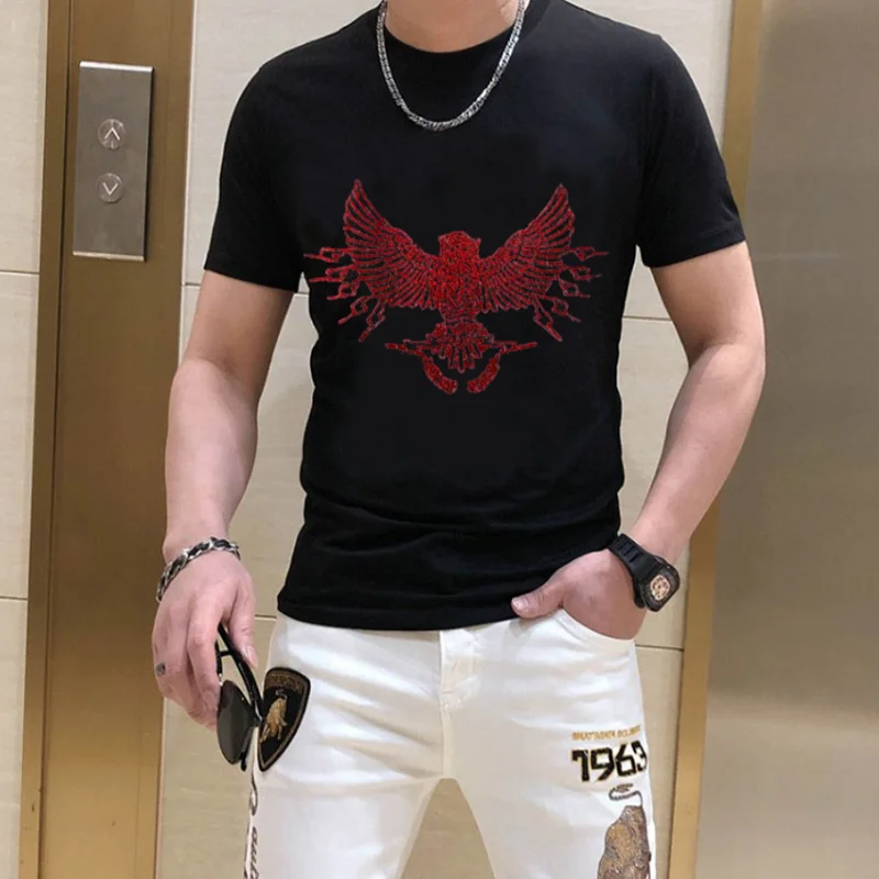 Drop Shipping 2025 New Fashion Man Tees Summer T-shirt Fashion Cotton Men's 100% Cotton Rhinestones Tops 113