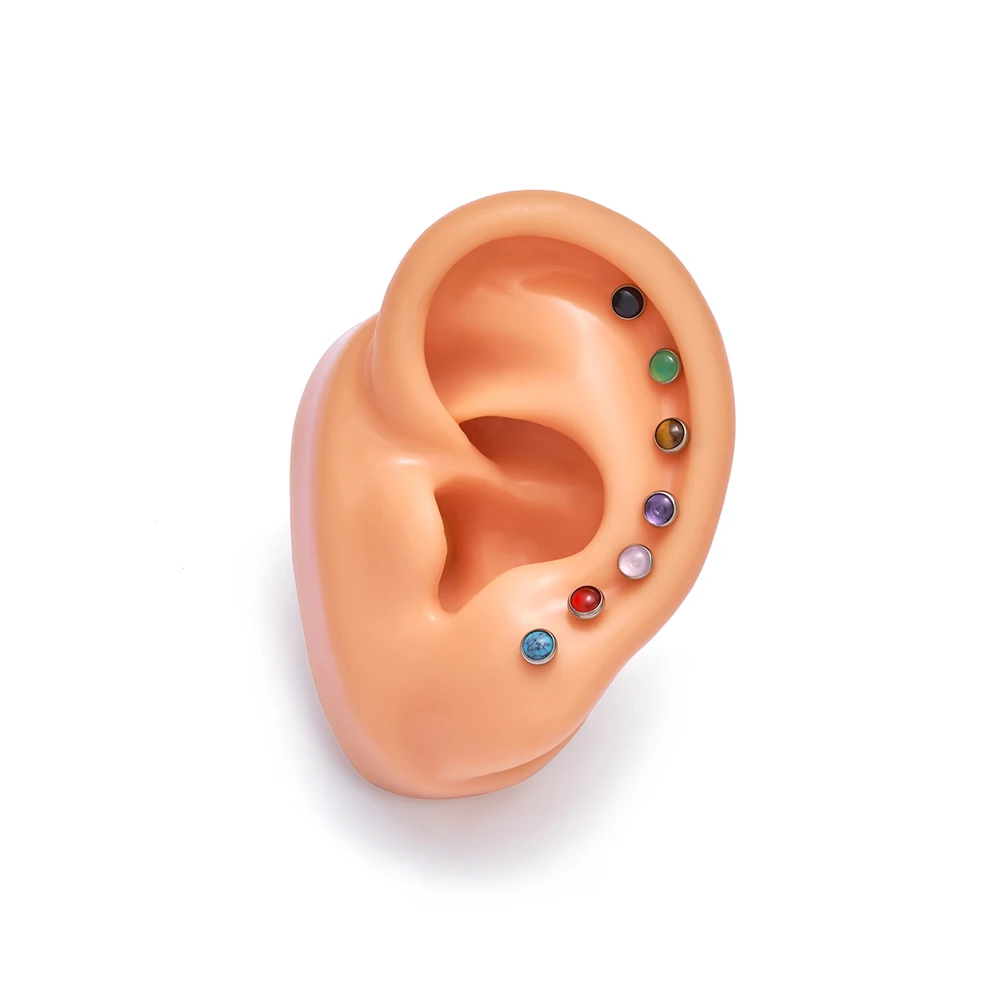 10Pcs G23 Titanium Circular Ear Lip Studs with Natural Stone Top Labret Tongue Nose Stud Earrings Body Piercing Jewelry