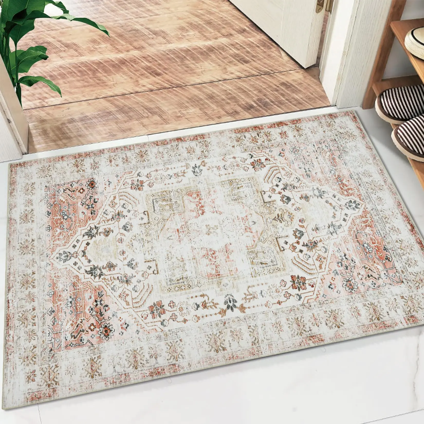 Small Area Rug 2x3 Machine Washable Entrway Rug Vintage Doormat Low Pile Distrssed Rug Carpet Foldable Lightweight Thin Rug