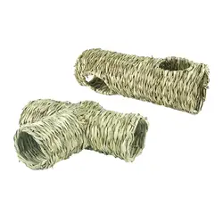 Interactive Pet Grass Tunnel Toy Rabbit Tunnel Hut Hay Bed Woven Straw House Toy