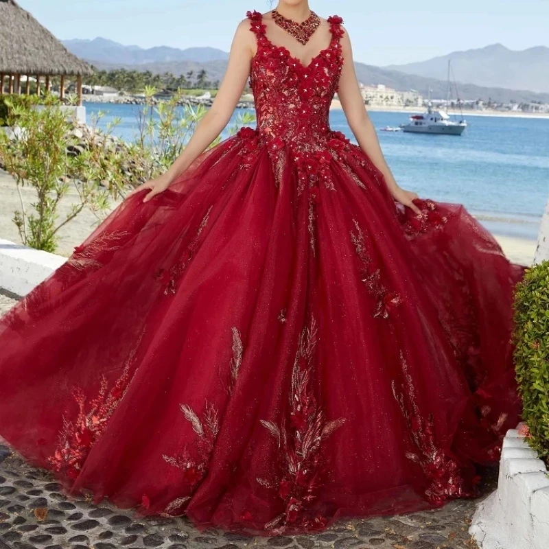 

Red Shiny Sweetheart Ball Gown Quinceanera Dresses Appliques Lace Beads Crystal With Cape lace-up Sweet 16 Vestidos De 15 Anos