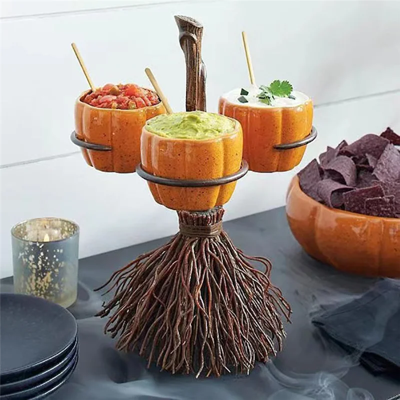 Cute Halloween Resin Pumpkin Bowls on Broom for Serving Fruit Salad Snacks Halloween