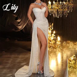 Lily White Chic Woman Evening Dress Gown Mermaid Sexy Split Sweetheart Sequin Night Dress Gown with Pleats Satin robes de soirée