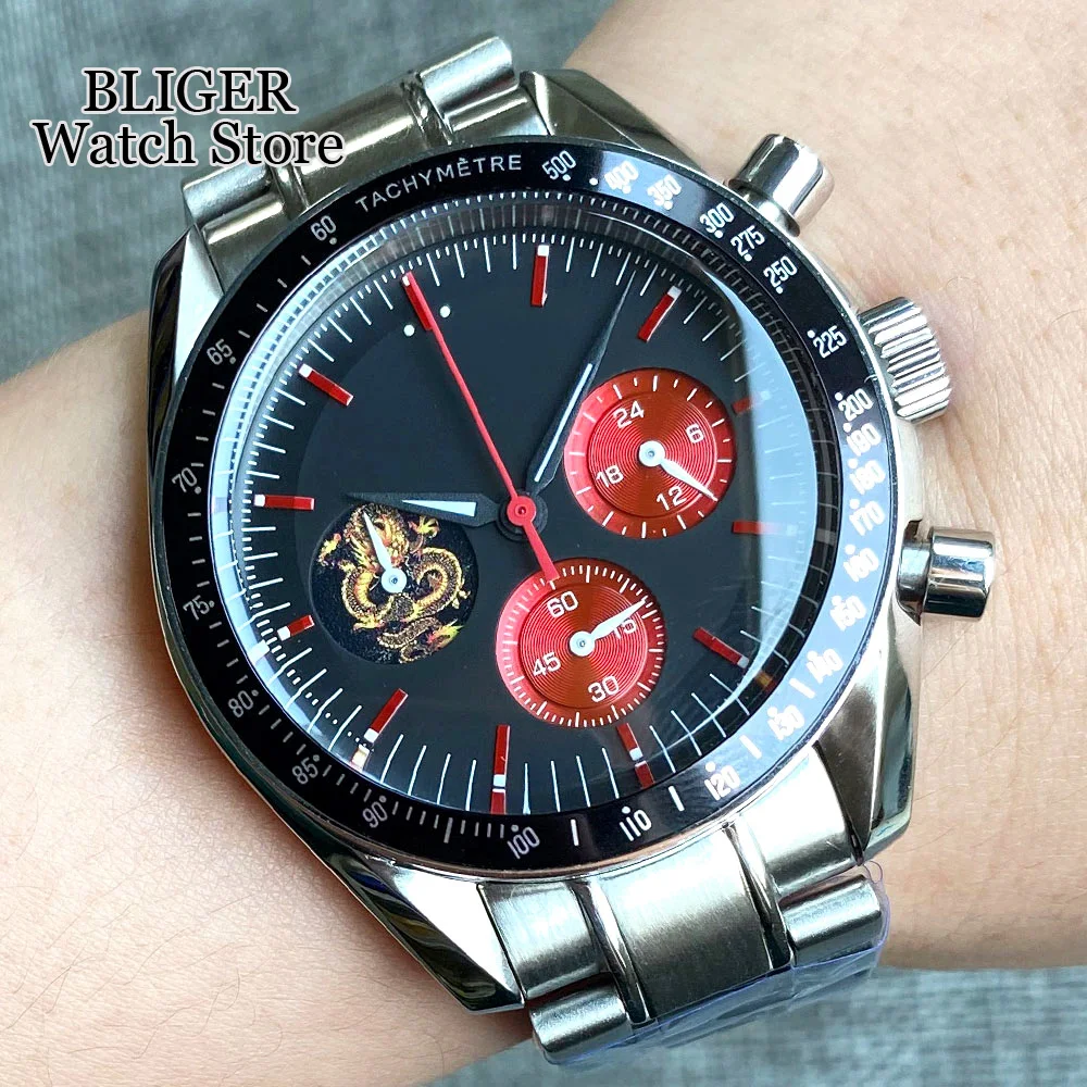 Luxury Quartz 40mm Chronograph Multifunction Watch Men VK63 Movement Black Red Green Dial Stainless Steel Strap Montre homme