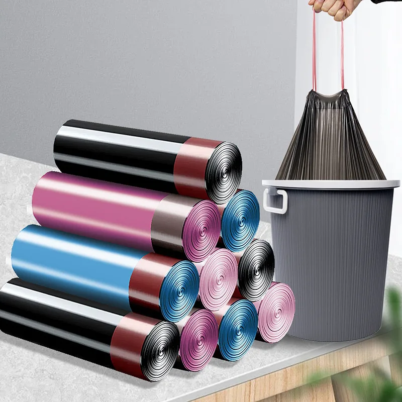 Household Color Garbage Bag Thickened Draw Rope Portable Automatic Closure Disposable Kitchen Plastic Bag