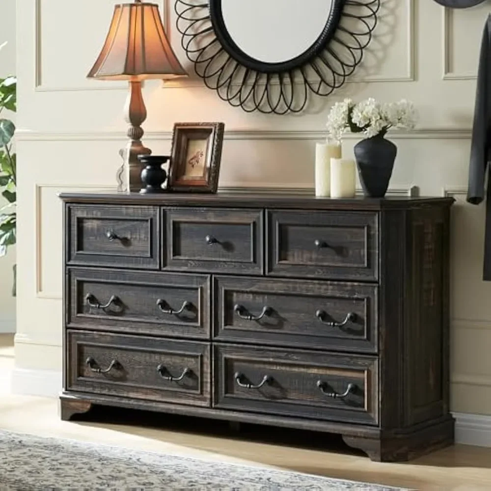T4TREAM Farmhouse 7 Drawers Dresser for Bedroom, 54 Wide Wood Rustic Chest of Drawers with Natural Texture, Vintage Design, Stor
