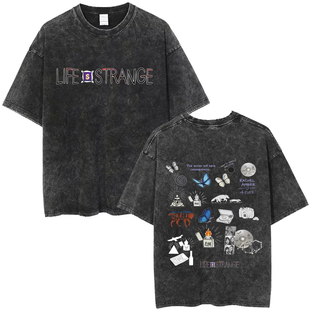 

Washed Vintage Game Life Is Strange Logo Print T Shirt Men Women Casual Retro Oversized T-shirts Male Retro Pure Cotton T Shirts