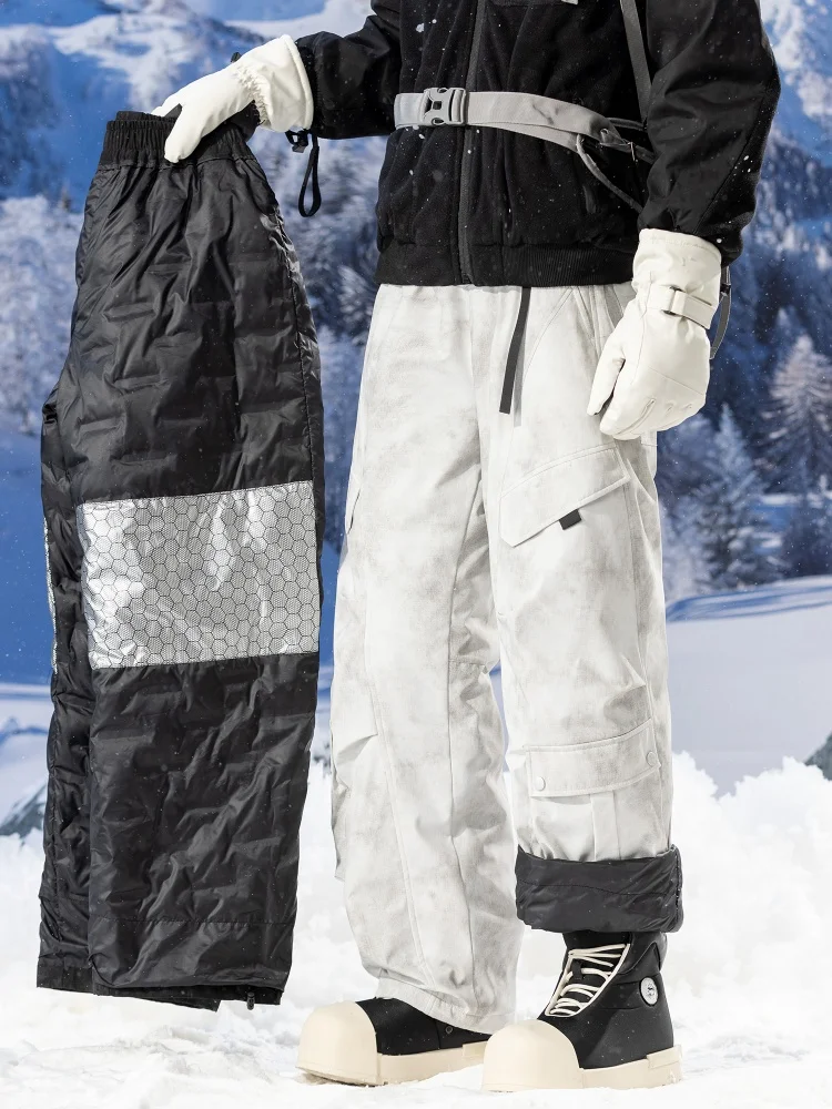 Мужские зимние камуфляжные пуховые брюки, экстремально холодные водонепроницаемые ветрозащитные пуховые лыжные брюки, 90% белые брюки-карго с подкладкой на утином пуху Мужские зимние камуфляжные пуховые брюки, экстремально холодные водонепроницаемые ветрозащитные пуховые лыжные брюки, 90% белые брюки-карго с подкладкой на утином пуху