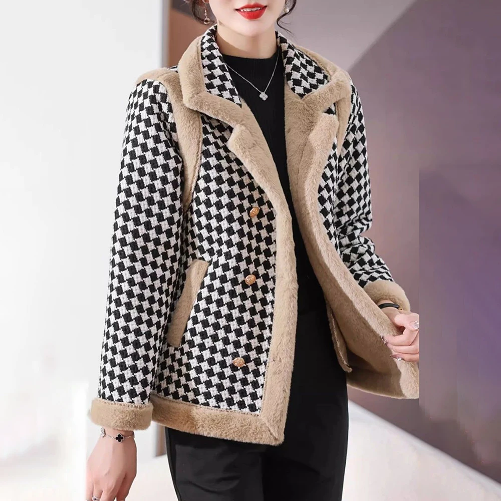 New Mom Fashion Short Plaid Cotton-padded  Middle-aged Women's Fleece Warm Loose Coat Tide In Autumn And Winter 5XL