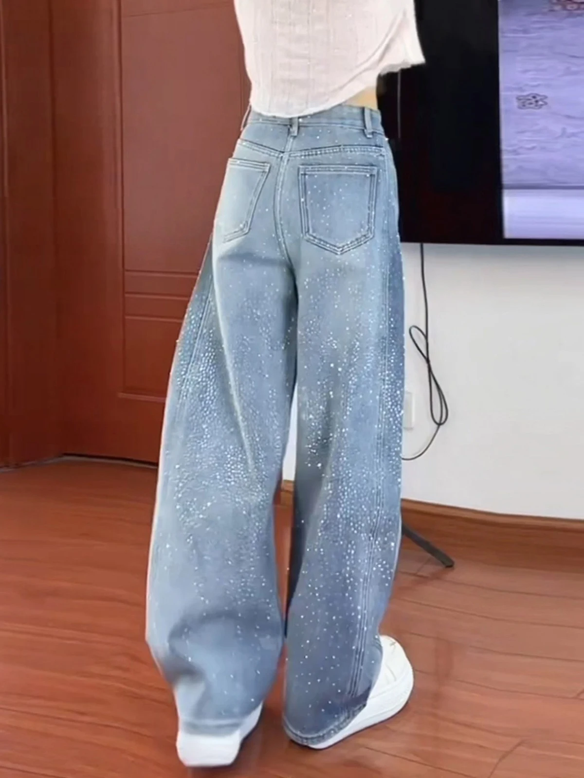 

Синие джинсы с широкими штанинами и стразами, женские, с высокой талией, прямые, длиной в пол, весенняя новинка, блестящие женские джинсовые брюки