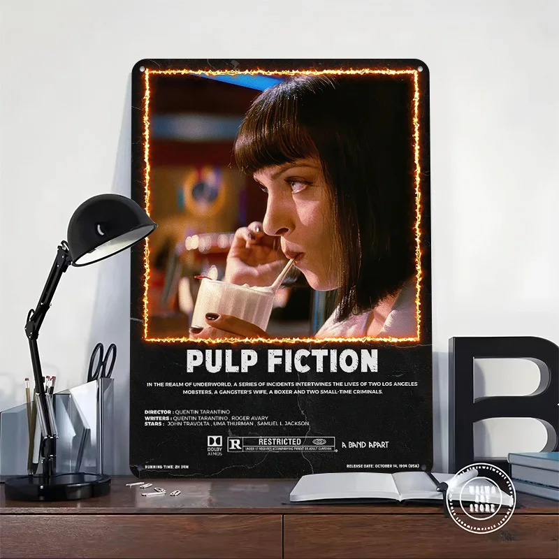 Pulp Fiction Movie 3D Texture Metal Poster Customized Wall Art Tin Sign Gift for Mancave Vintage Decor Room Funny Signs Home