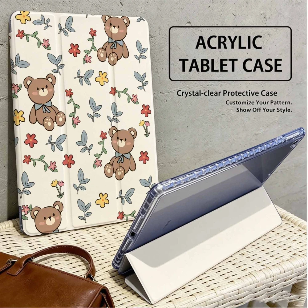 Kawaii Teddy Bear Floral For iPad Pro 11 12.9 13 A16 M2 M4 M3 M5 9.7 10.2 5/6/7/8/9/10/11th Mini Air 3 4 5 6 Tablet Case