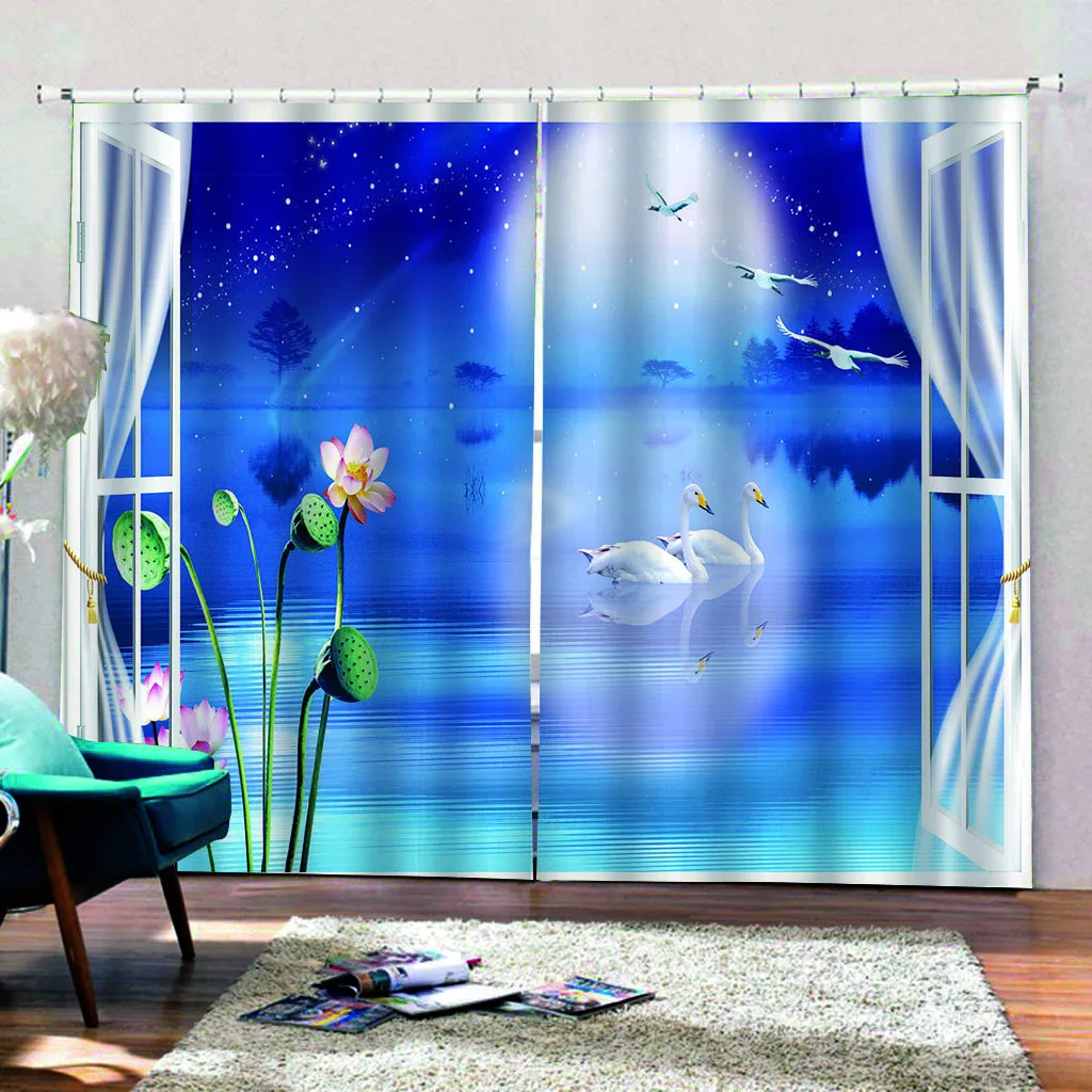 Pink louts curtain moon curtains 3D Curtain Luxury Blackout Window Curtain Living Room blackout bLue curtain