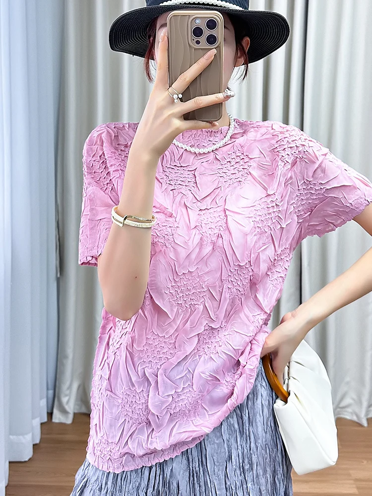 

Embroidered Craft Casual Summer T-Shirt Women's Stand Collar Pleated Pure Color Versatile New Style 2026 by Sanza Art Creation