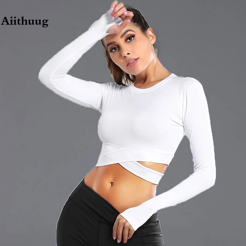 Aiithuug Miidriff-Tops de Yoga de manga larga, Top corto deportivo para Fitness, camisetas de gimnasio, camisetas sin mangas ajustadas para correr, cintura cruzada cruzada cruzada