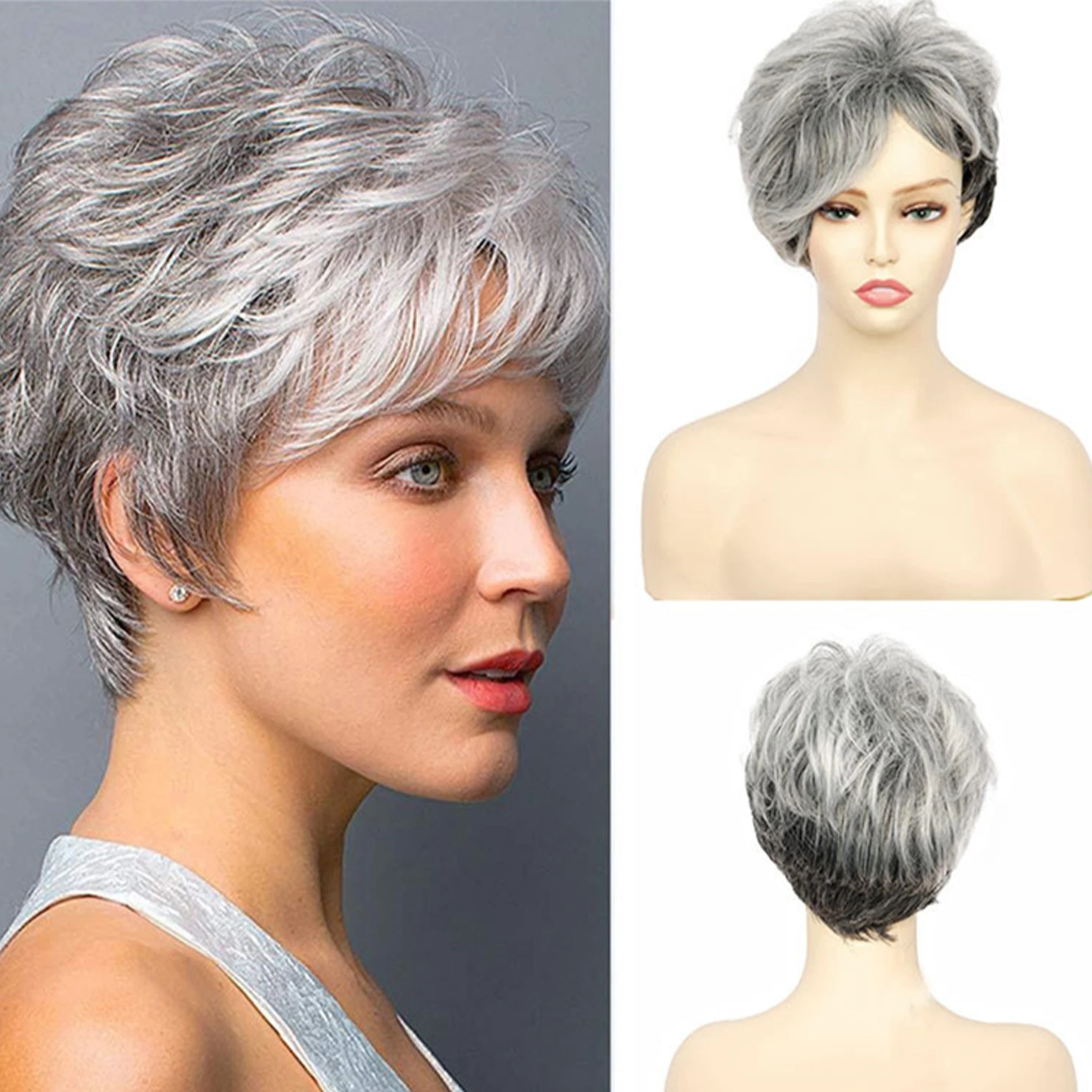 synthesize Foreign trade European and American wigs women's short hair mixed gray fluffy fashion cross-border short curly hair