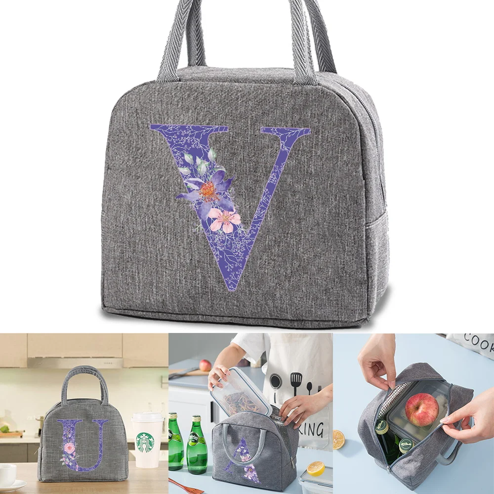 

Unisex Handheld Lunch Bags Insulated Bag Fresh Aluminium Foil Bento Box Purple Flower Pattern Student Dinner Bag Travel Home