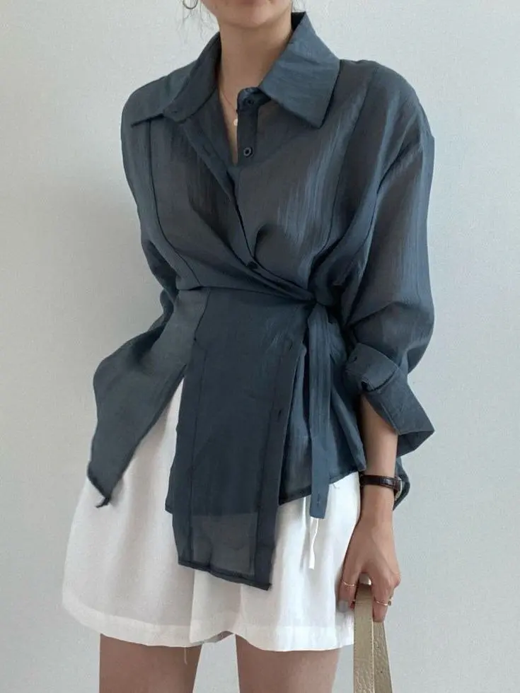 Ele Long Sve irt Mujer Primavera Fino Diseño Simple Chic Botón-Cuello Asimétrico Top Commute Sle Corte Suelto