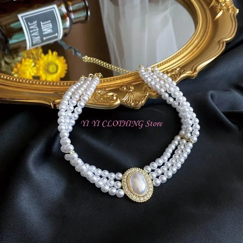N5KF Fashionable Simulated Pearls Choker Necklace Street Collar Chain Hip Hop Female Neckchain Wedding Jewelry