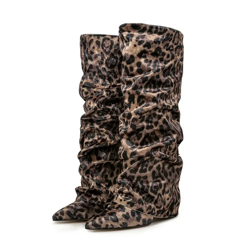 European and American Fashion Wedge Retro Sheepskin Pattern Sleeve Knee High Pleated Boots for Women's Sexy Leopard Print Boots