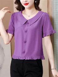 Woman Summer Style Slim Blouses Tops Lady Casual Half Lantern Sleeve Peter Pan Collar Solid Color Blusas Tops DF4405