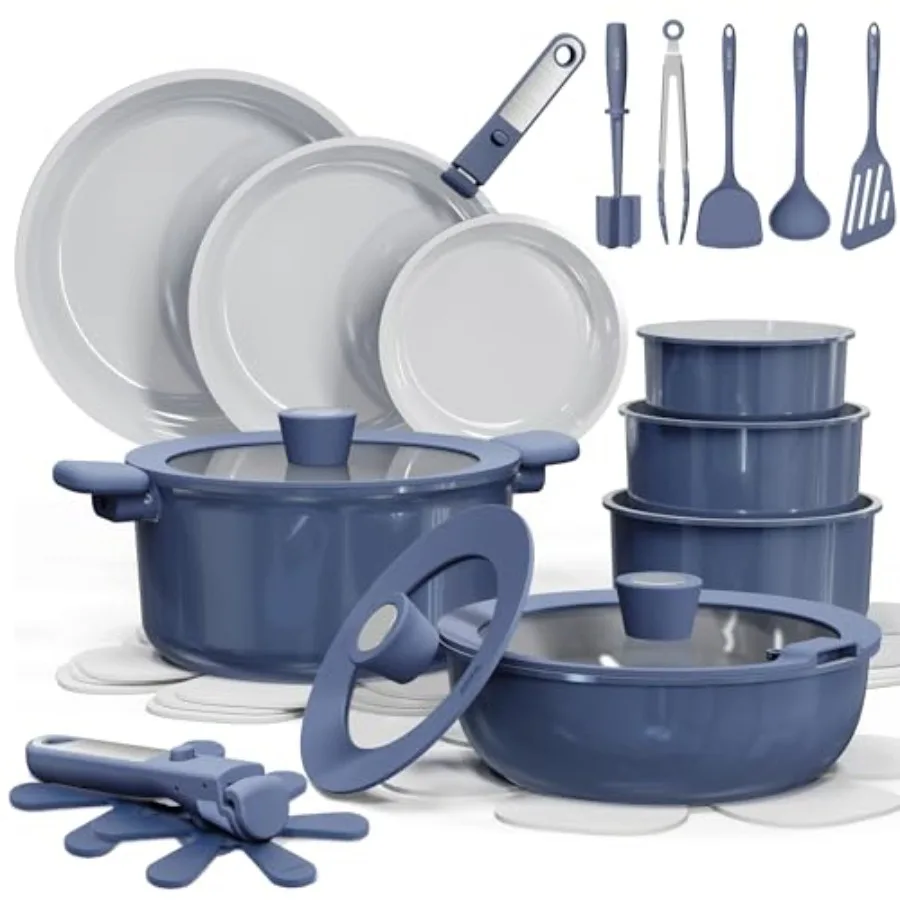 

27pcs Ceramic Cookware Set Nonstick, Pots and Pans Set Non Stick, Non Toxic Cookware Detachable Handles, Dishwasher/Oven Safe,