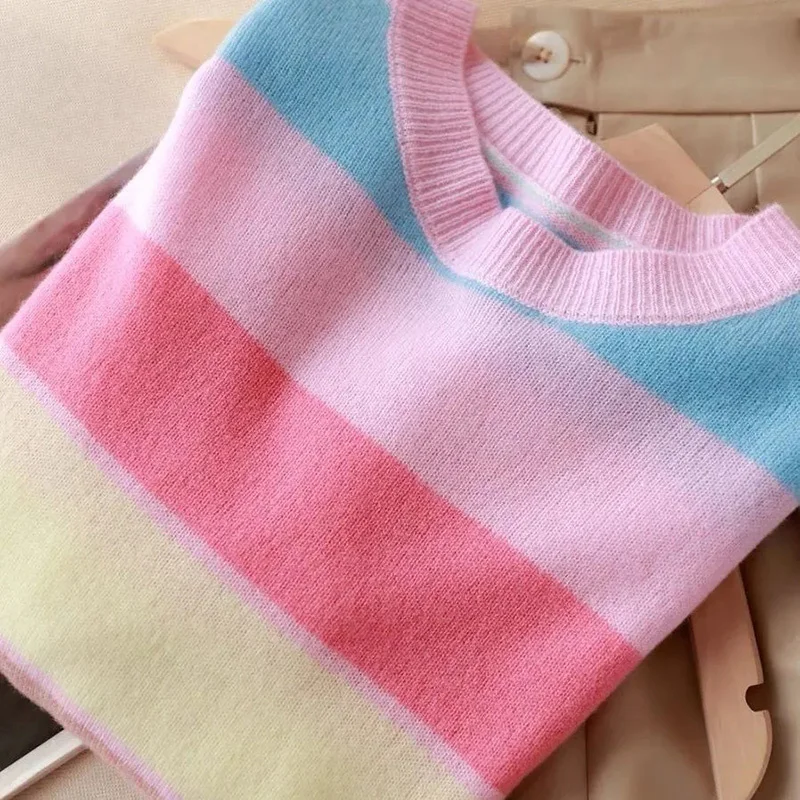 Rainbow Striped Round Neck Slim Sweet Korean Knitwear Women Casual Long Sleeve Pullover Tops Spring Autumn Chic Knitted Sweaters