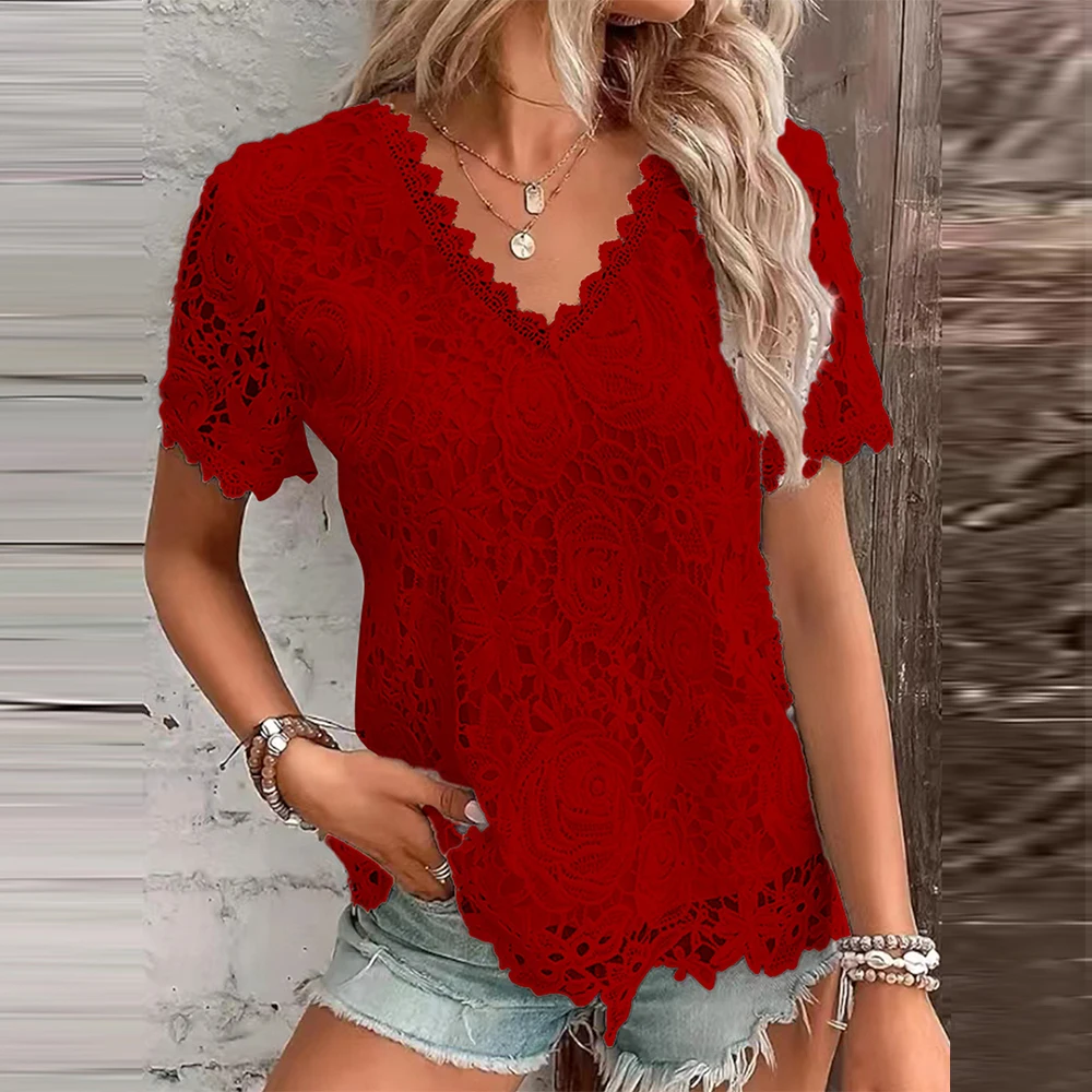 Lace Short Sleeve T-shirt Top Girl 2024 Summer Solid Women Clothing Sexy Slim Korean Blouse Female Casual Y2K Crop Pullover Tee