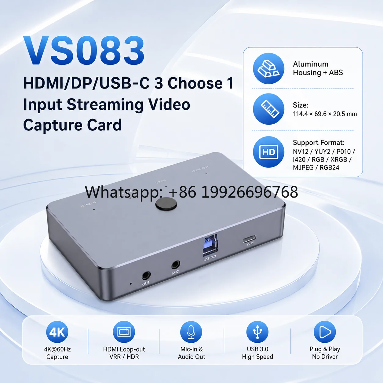 4K*60Hz HDMI DP USB-C Video Capture Card 3-in-1 Input PD 100W VRR HDR Loop Out NV12 YUY2 IT9337 for Live Streaming