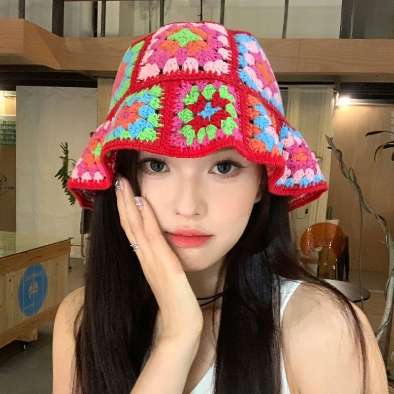 Japanese Retro Color Handmade Knitted Bucket Hats Women Show Face Small Summer Autumn Versatile Atmosphere Breathable Basin Cap