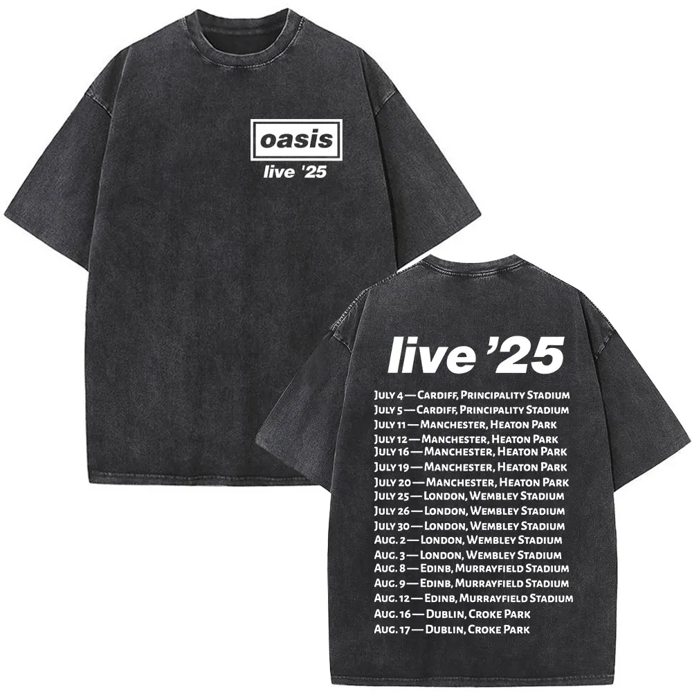 Rock Band O-Oasis Live 25 Tour Don't Look Back in Anger T Shirt Men Women Vintage Washed Oversized Cotton Short Sleeve T-shirts